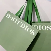 Les vêtements verts d'emballage chaussent les sacs en papier d'achats avec les poignées plates de ruban