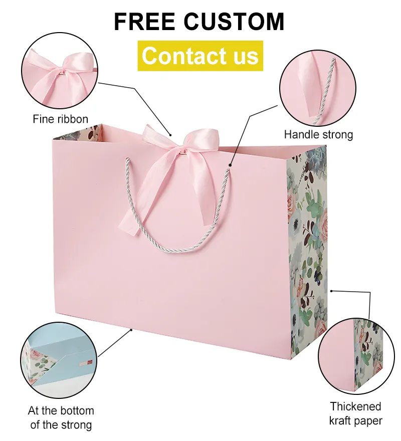 Bolsa de asas europea impresa, embalaje personalizado, bolsa de papel de regalo de compras con lazo de cinta
