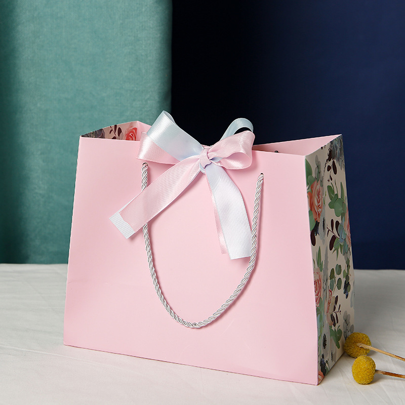 Printed euro tote bag custom packaging shopping gift paper bag with ribbon bow