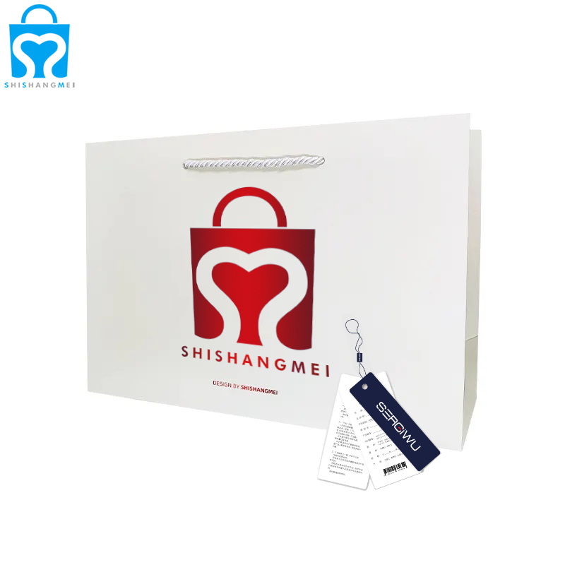 Custom print logo packaging clothing gift bag shopping white paper bags and tags with your own logo recyclable