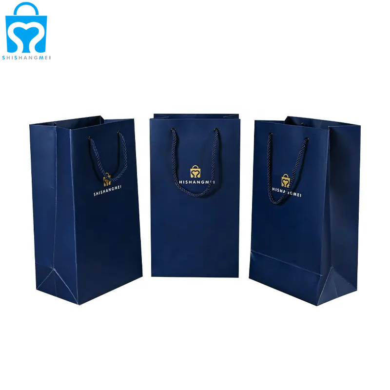 사용자 정의 재사용 가능한 파란색 개인화 된 레드 와인 병은 자신의 로고가있는 와인 병용 선물 가방 토트 종이 봉투를 나릅니다.