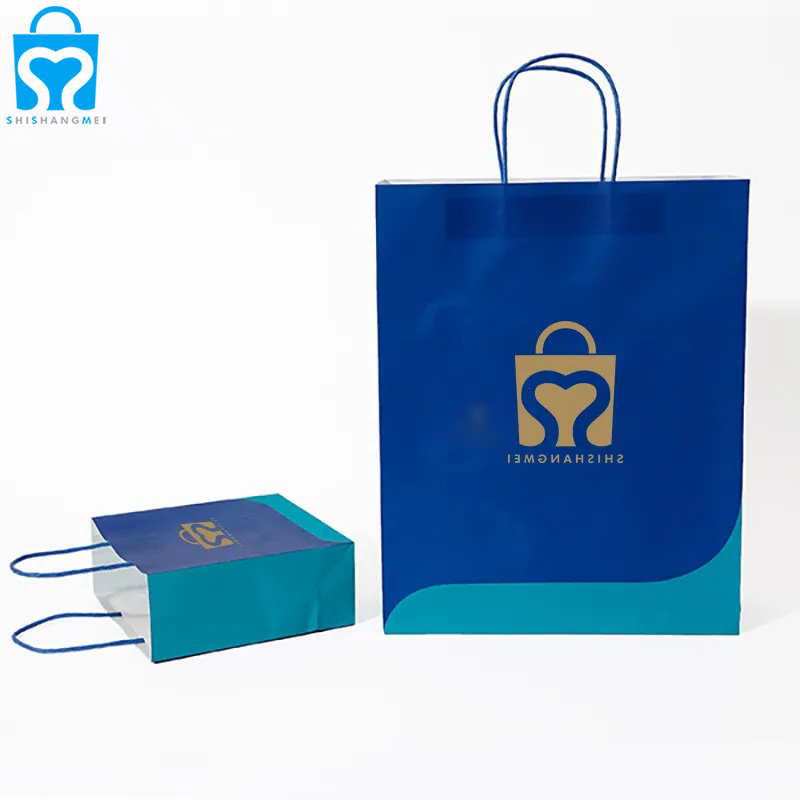 Sacs d'emballage en papier kraft entièrement artisanaux personnalisés avec votre poignée de logo bas bleu marine pour les petites entreprises de bonbons au café de thé