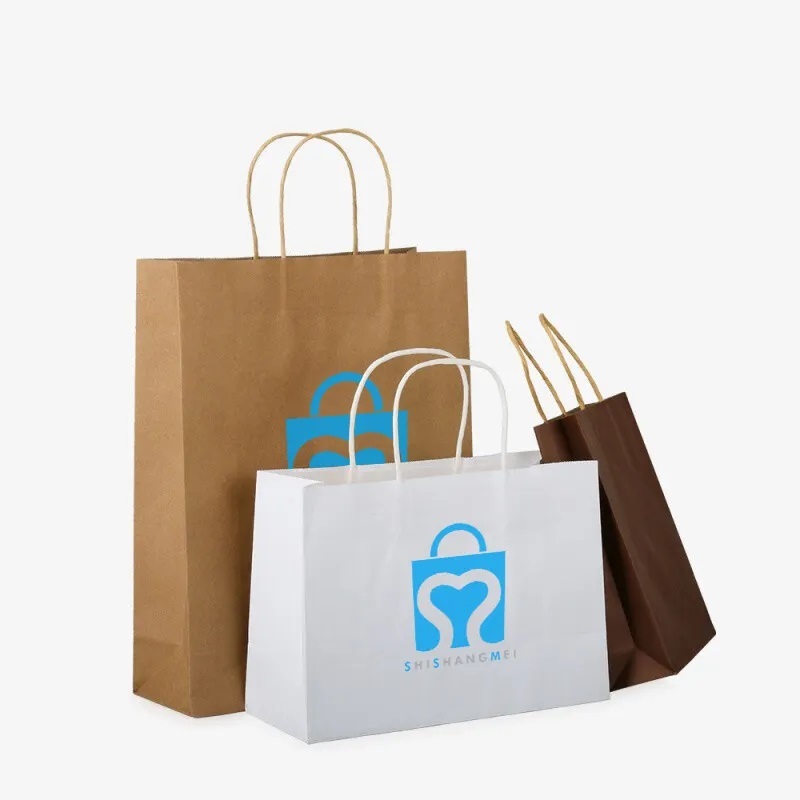 Özel geri dönüşümlü alışveriş gıda sınıfı tek kullanımlık paket servisi olan restoran ambalaj kraft kağıt torba gıda küçük işletmeler için logolar ile basılmıştır