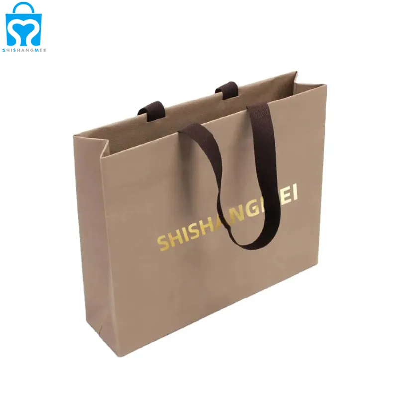 Artisanat personnalisé gris bijoux réutilisables cadeau cosmétique magasin de vêtements shopping cadeau sac en papier kraft sac fourre-tout avec logo pour emballage avec poignées en ruban
