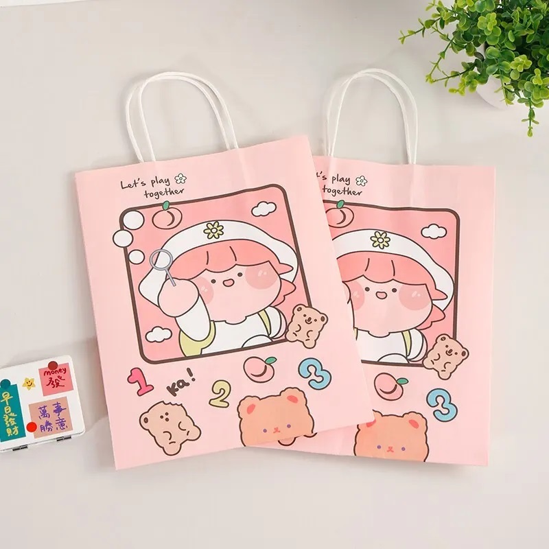 Petit emballage de dessin animé recyclé de luxe imprimé sur mesure emballage kraft sac en papier commercial sac cadeau rose sac cadeau pas cher avec logo
