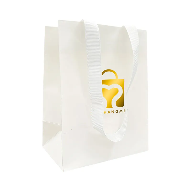 Personnalisé personnalisé eco sublimation blanc carton bijoux papier cadeau sacs à provisions avec ruban gérer votre propre logo de feuille d'or