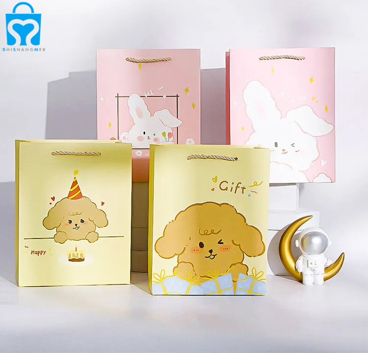 Customized bags cmyk full printed kids orange pink custom cute sanrio cartoon design gift packaging paper bags