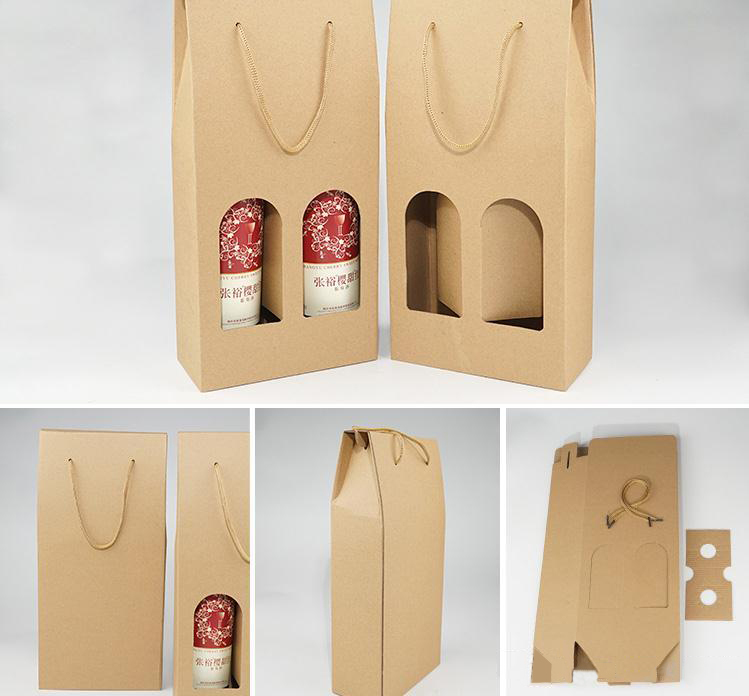 Recyclage réutilisable personnalisé 2 bouteilles de vin bouteille transporter des sacs d'emballage cadeau en papier kraft avec des poignées découpées à la fenêtre transparente
