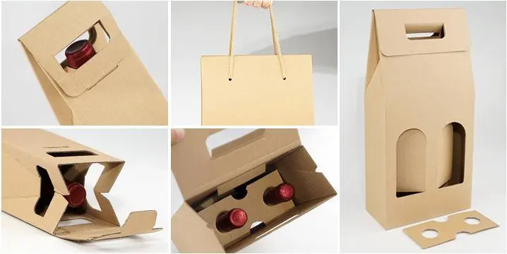 Recyclage réutilisable personnalisé 2 bouteilles de vin bouteille transporter des sacs d'emballage cadeau en papier kraft avec des poignées découpées à la fenêtre transparente