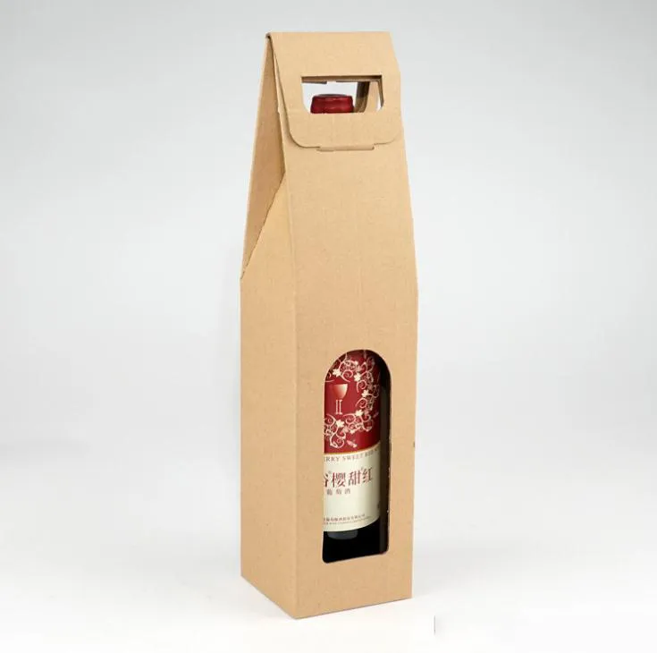 Recyclage réutilisable personnalisé 2 bouteilles de vin bouteille transporter des sacs d'emballage cadeau en papier kraft avec des poignées découpées à la fenêtre transparente