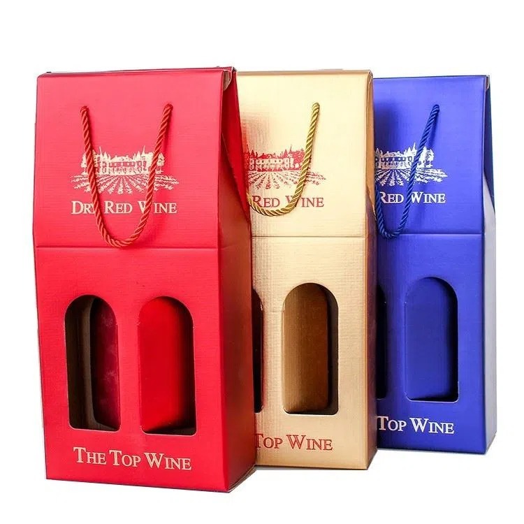 Personnalisé imprimé recyclage bouteilles de vin réutilisables à emporter cadeau fourre-tout papier sac ouvert sacs à provisions avec fenêtre découpé poignées