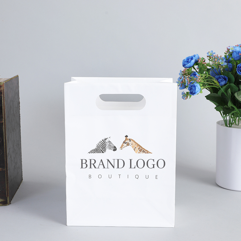 Eco recyclable europe promotional custom logo die cut handle white clothing gift paper shopping bag with your own logo