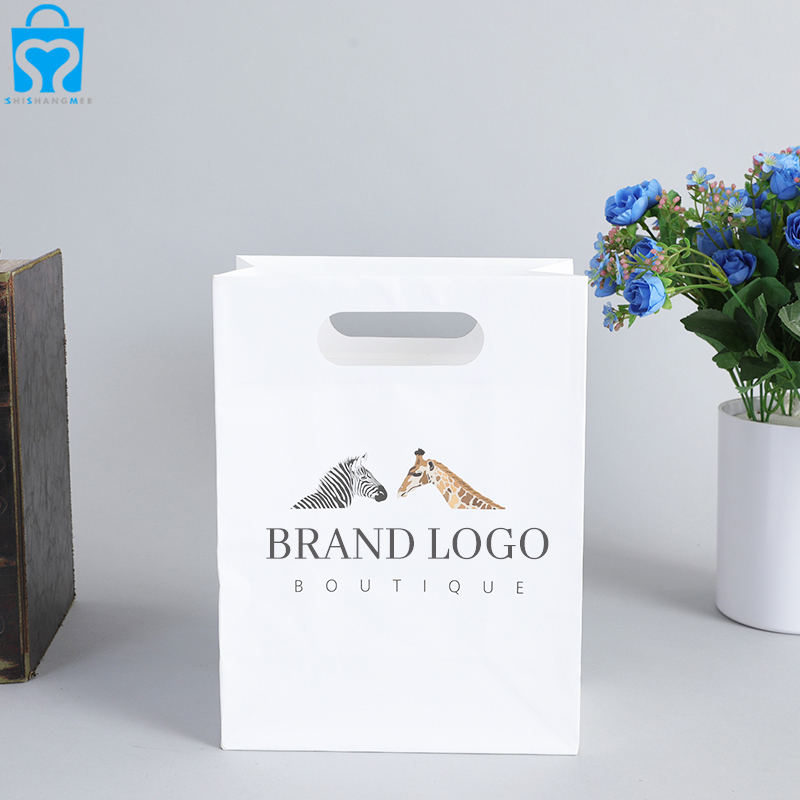 Eco recyclable europe promotional custom logo die cut handle white clothing gift paper shopping bag with your own logo