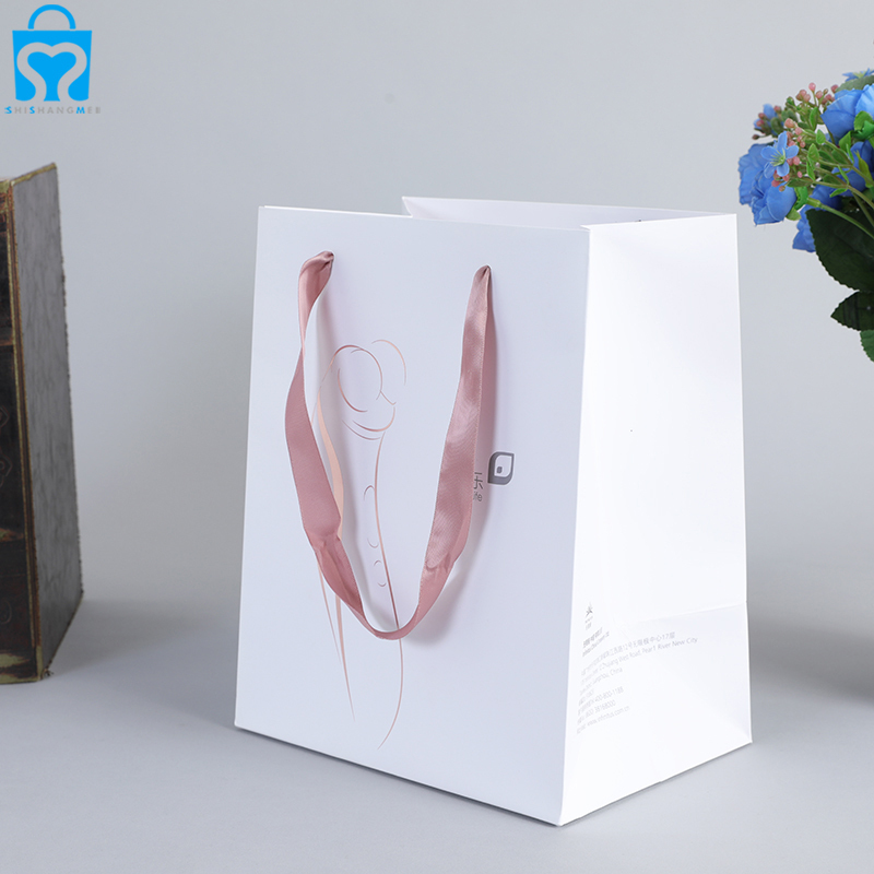 Sacs à provisions en papier fourre-tout en papier euro blanc brillant de luxe moyen recyclable avec poignée en corde violette fantaisie avec logo