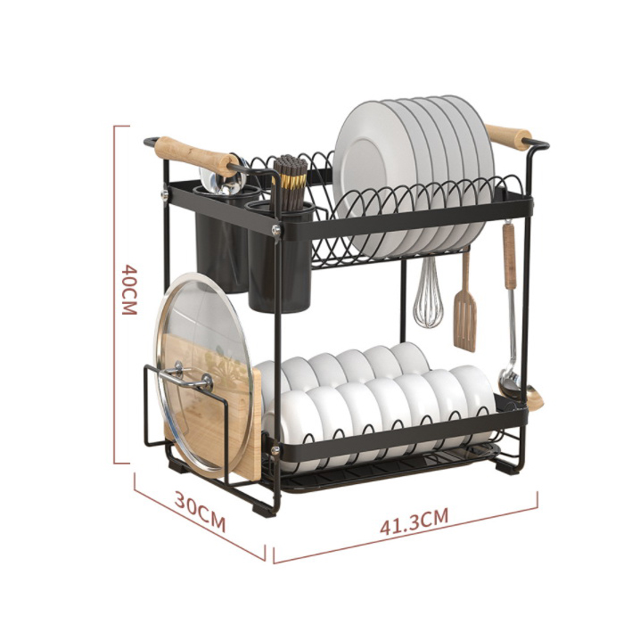 물받이가 있는 2단 금속 블랙 접시 건조대