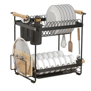 2-st?ckiges schwarzes Geschirr-Trockengestell aus Metall mit Wasserschale