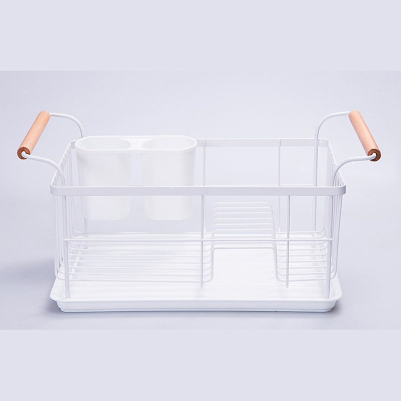 White Steel Dish Drainer Rack With Stylish Wooden Handle