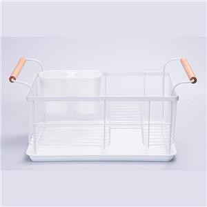 White Steel Dish Drainer Rack With Stylish Wooden Handle