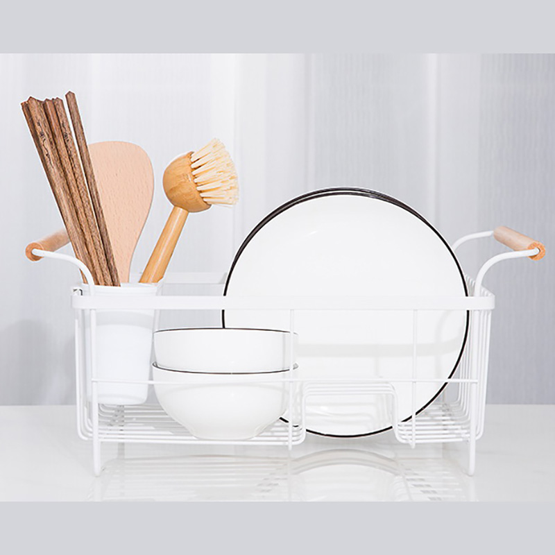 White Steel Dish Drainer Rack With Stylish Wooden Handle