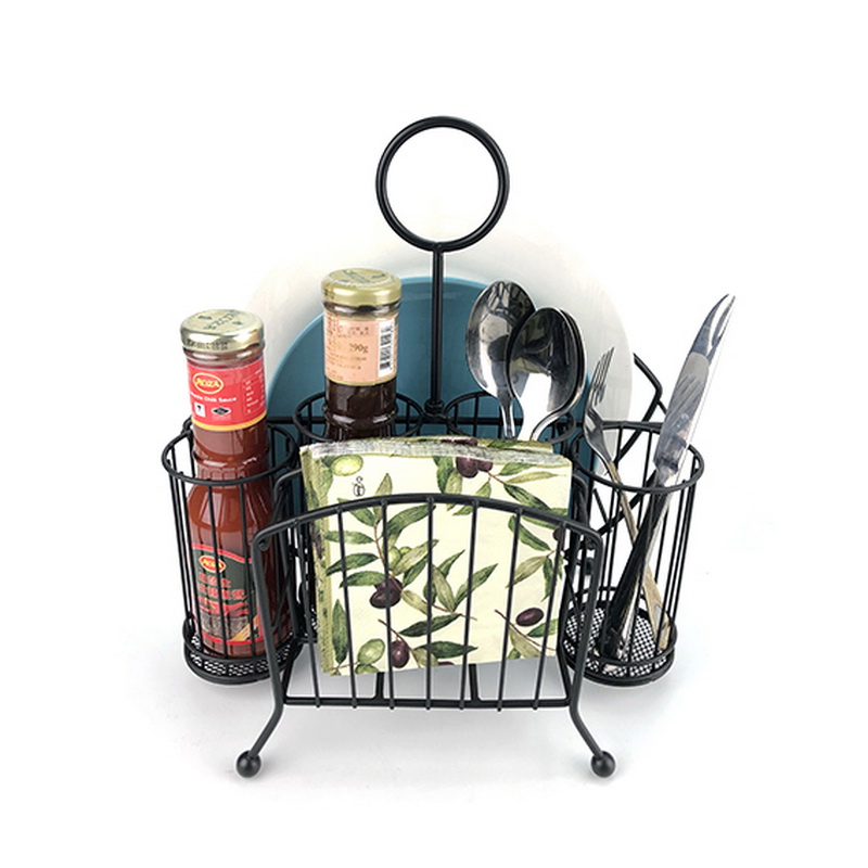 Black Metal Napkin And Utensil Holder Caddy With Handle