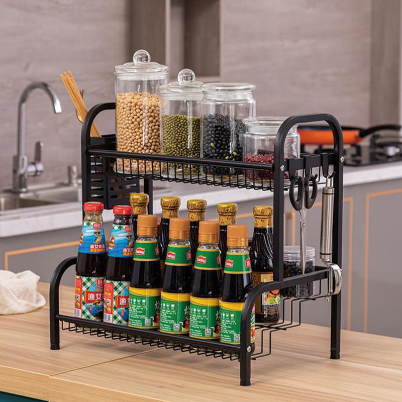 2 Tier Spice Rack With Cutlery Holder And 3 Side Hooks