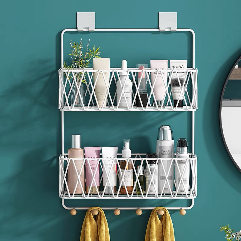 Estante de ducha de acero para baño con ganchos de madera