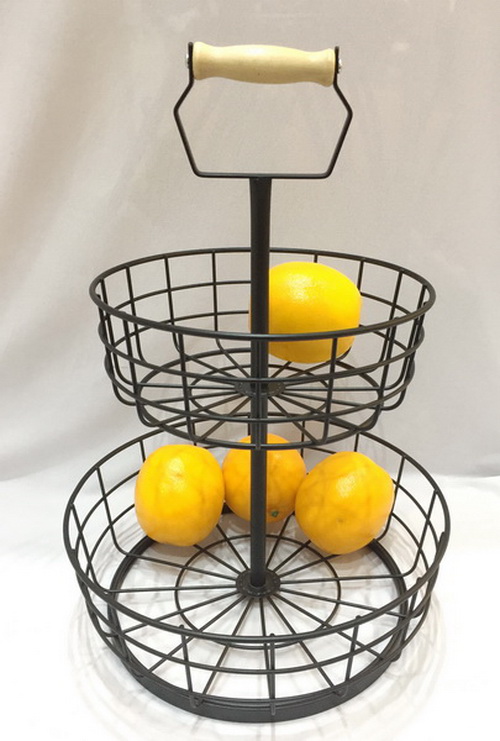 2 Tier Vegetable Storage Metal Baskets With Wood Handle