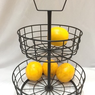 Keranjang Logam Penyimpanan Sayuran 2 Tingkat Dengan Gagang Kayu