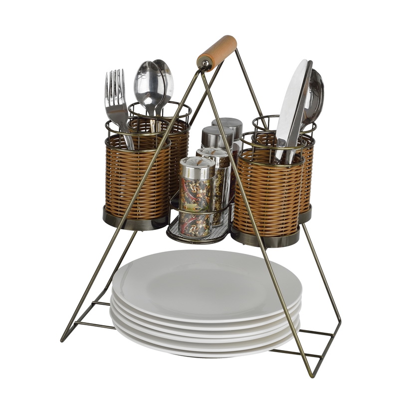 Buffet Caddy Storage Organizer With Rattan Weaving Utensil Holder