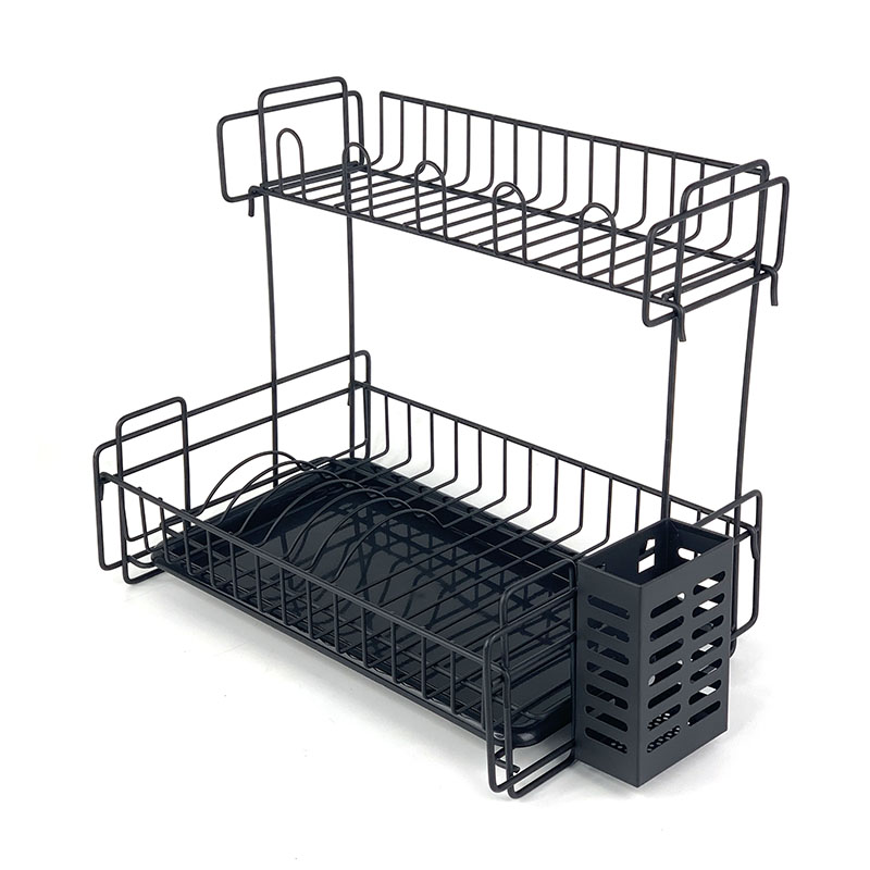 Estante de almacenamiento de platos de alambre negro de dos niveles