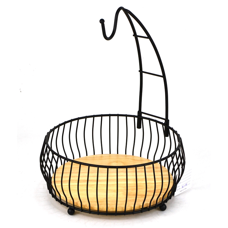 Wooden Black Wire Storage Fruit Basket With Banana Hook