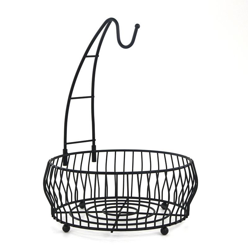 Wooden Black Wire Storage Fruit Basket With Banana Hook