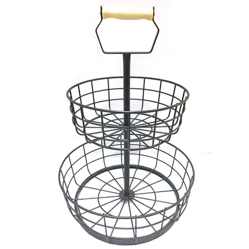 Keranjang Penyimpanan Sayuran 2 Tingkat Logam dengan Gagang Kayu