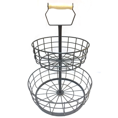 Cestas de metal para almacenamiento de vegetales de 2 niveles con mango de madera