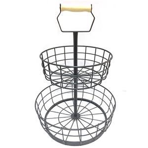 Keranjang Logam Penyimpanan Sayuran 2 Tingkat Dengan Gagang Kayu