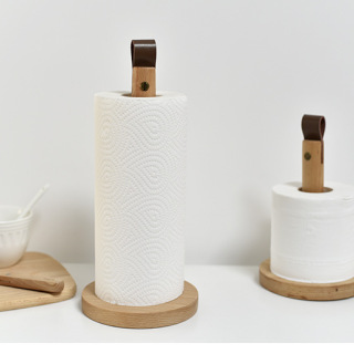 Wooden paper roll holder with leather handle