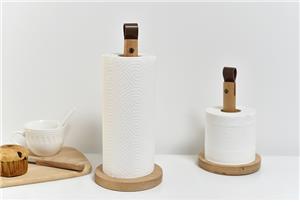 Wooden paper roll holder with leather handle