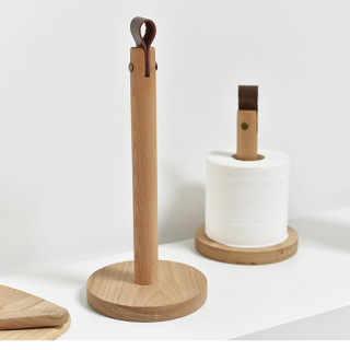 Wooden paper roll holder with leather handle