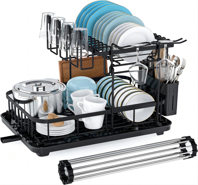 2 Tier Metal Black Dish Drying Rack With Water Tray