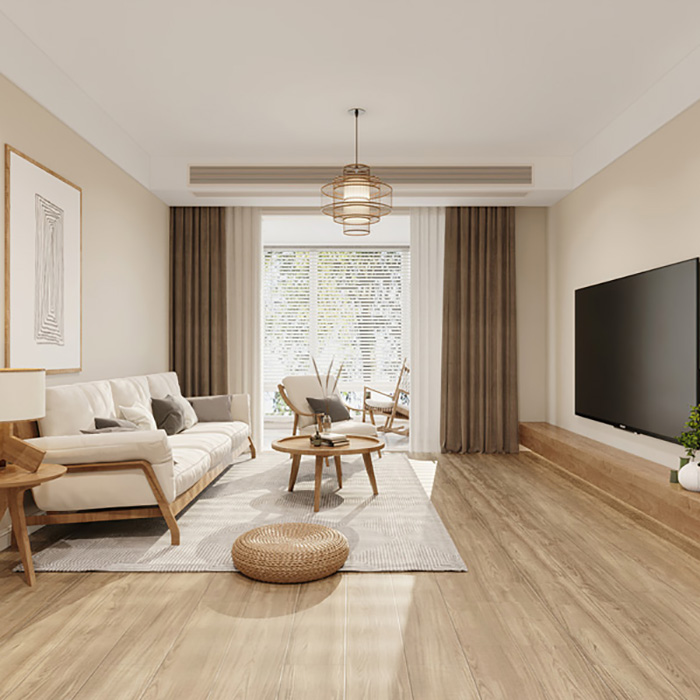 The perfect fusion of iron and wood elements creates a simple and warm atmosphere for the wood furniture home design