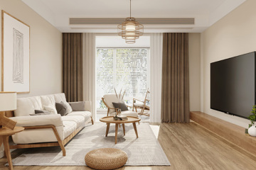 鉄と木の要素の完璧な融合は、木製家具の家のインテリアデザインにシンプルで温かみのある雰囲気を作り出します。