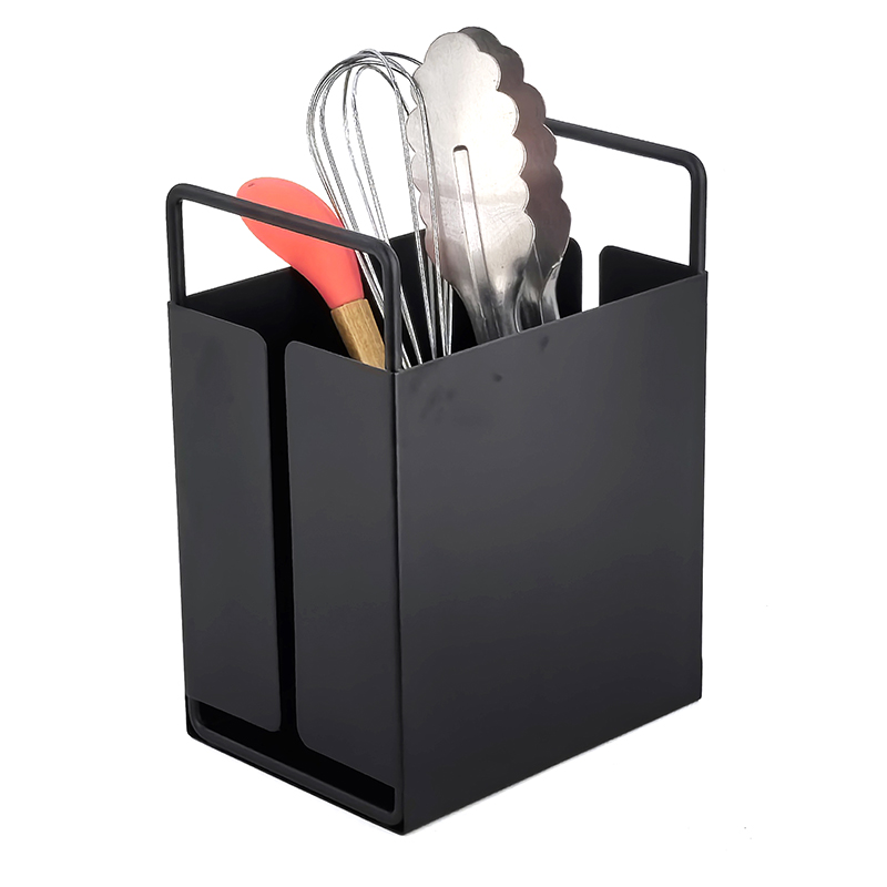 Vintage Industrial Utensil Holder - Rustic Tin Silverware Caddy with Handle for Kitchen Counter Storage