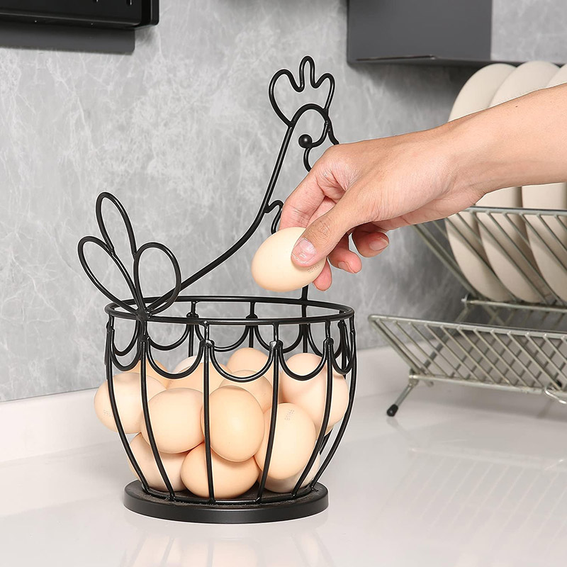 Cesta para huevos de gallo negra con revestimiento de polvo de hierro, creativa, para almacenamiento y exhibición, de doble propósito.