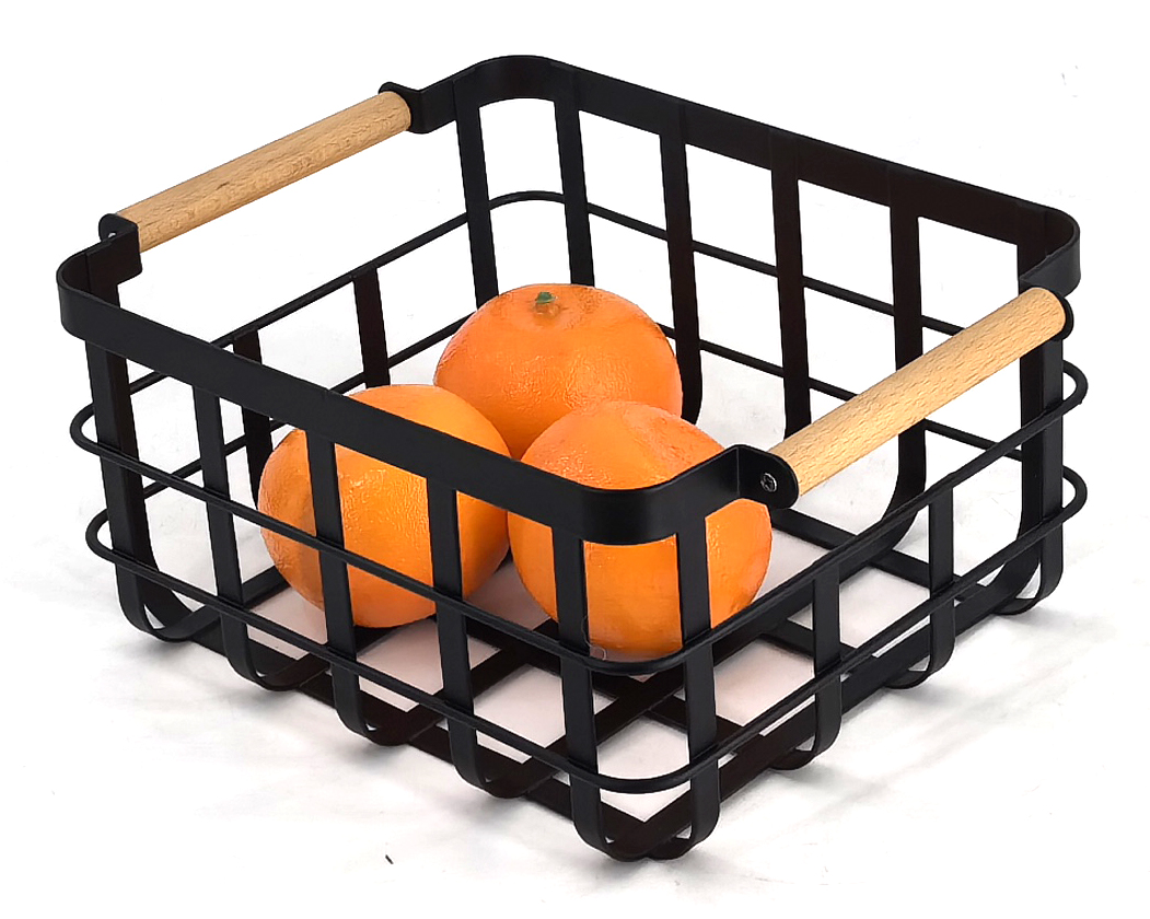 Wooden Handle Metal STORAGE BASKET Flat Iron Craft