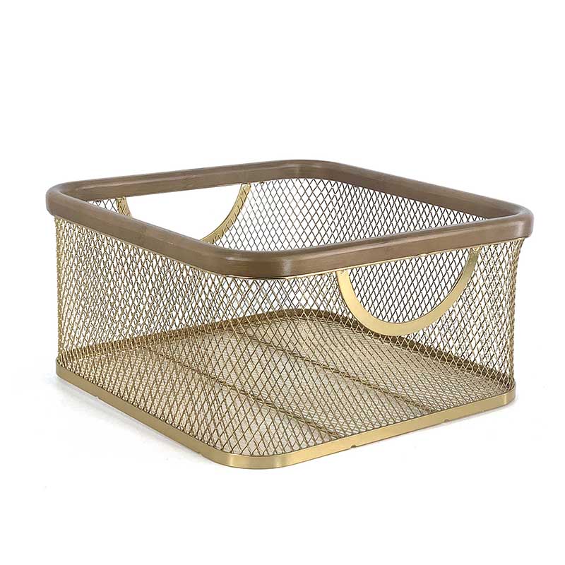 Gold Metal Squart Mesh Wire Laundry Storage Basket with bamboo frame