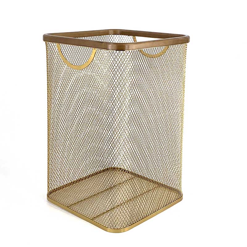 Gold Metal Squart Mesh Wire Laundry Storage Basket with bamboo frame