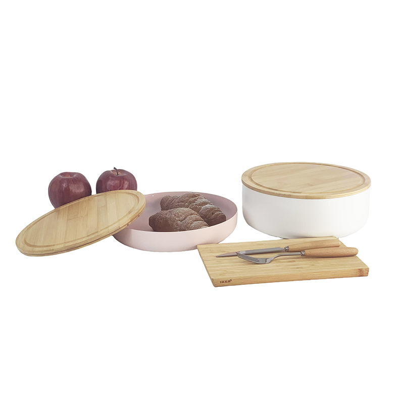 Contenedor de almacenamiento redondo con tapa de tabla de cortar de bambú, organizador de cocina multifuncional Contenedor de almacenamiento redondo con tapa de tabla de cortar de bambú, organizador de cocina multifuncional