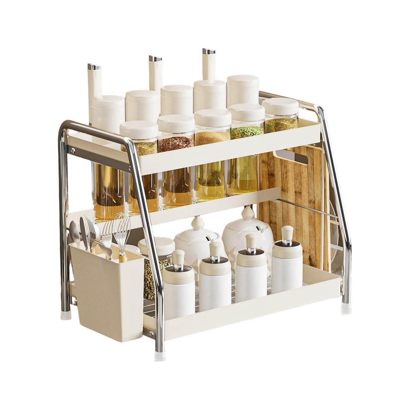 Organizador multifuncional de encimera de cocina de 2 niveles: especiero y soporte para utensilios.