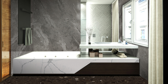 Superficie in quarzo alla moda con motivo effetto marmo