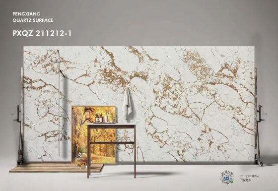 Quartz luxury stone from the table to the floor of the wall across